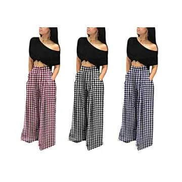NRTHYE Womens Palazzo Long Pants Houndstooth High Waist Wide Leg Stretchy Loose Fit Casual Trousers with Pocket