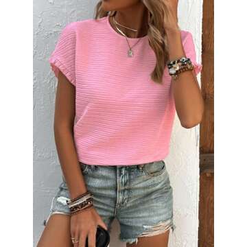 Samefar Womens Short Sleeve Tops Round Neck Ruffle Casual Summer Textured Work T Shirts Tee Blouse Pink Small