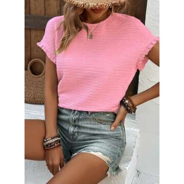 Samefar Womens Short Sleeve Tops Round Neck Ruffle Casual Summer Textured Work T Shirts Tee Blouse Pink Small