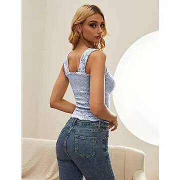 AIHUKOCY Women Square Neck Wide Strap Floral Crop Tank Top Sleeveless Lettuce Trim Solid Slim Cropped Cami Vest Tops Blue