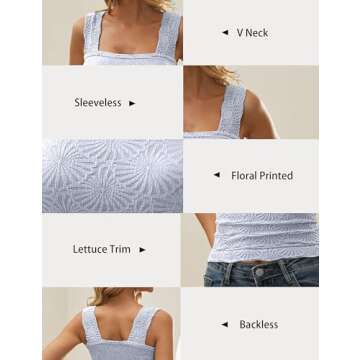 AIHUKOCY Women Square Neck Wide Strap Floral Crop Tank Top Sleeveless Lettuce Trim Solid Slim Cropped Cami Vest Tops Blue