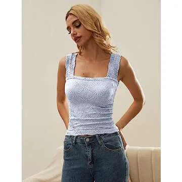 AIHUKOCY Women Square Neck Wide Strap Floral Crop Tank Top Sleeveless Lettuce Trim Solid Slim Cropped Cami Vest Tops Blue