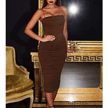 Adogirl Sexy Spaghetti Strap Dresses for Women Casual Summer Off Shoulder Sleeveless Ruched Bodycon ...