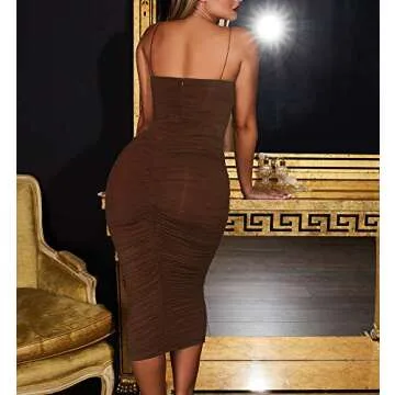 Adogirl Sexy Spaghetti Strap Dresses for Women Casual Summer Off Shoulder Sleeveless Ruched Bodycon Dresses Party Club Maxi Fitted Long Dress Brown M