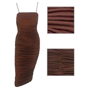 Adogirl Sexy Spaghetti Strap Dresses for Women Casual Summer Off Shoulder Sleeveless Ruched Bodycon Dresses Party Club Maxi Fitted Long Dress Brown M