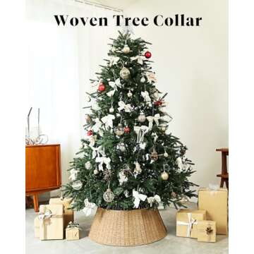 Rustic Farmhouse Christmas Tree Collar - Holiday Decorations - Natural Woven Wicker Tree Base Cover,...