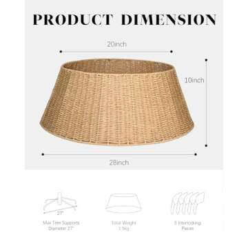 Rustic Farmhouse Christmas Tree Collar - Holiday Decorations - Natural Woven Wicker Tree Base Cover, Basket Ring for Artificial Trees, Stable & Odorless