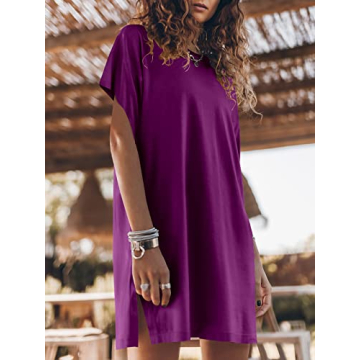 ANRABESS Women’s Summer Short Sleeve T-Shirt Dress Casual Loose Oversized Slit Mini Tee Dress Beach Cover Up Tunic 2024 Fashion Cute Boyfriend Tops Purple Large