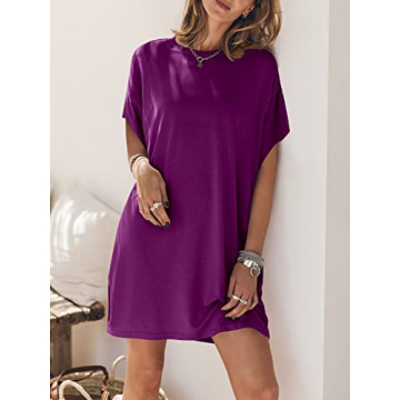 ANRABESS Women’s Summer Short Sleeve T-Shirt Dress Casual Loose Oversized Slit Mini Tee Dress Beach Cover Up Tunic 2024 Fashion Cute Boyfriend Tops Purple Large