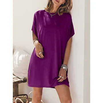 ANRABESS Women’s Summer Short Sleeve T-Shirt Dress Casual Loose Oversized Slit Mini Tee Dress Beach Cover Up Tunic 2024 Fashion Cute Boyfriend Tops Purple Large
