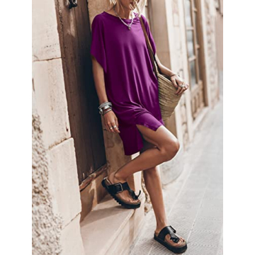 ANRABESS Women’s Summer Short Sleeve T-Shirt Dress Casual Loose Oversized Slit Mini Tee Dress Beach Cover Up Tunic 2024 Fashion Cute Boyfriend Tops Purple Large