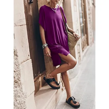 ANRABESS Women’s Summer Short Sleeve T-Shirt Dress Casual Loose Oversized Slit Mini Tee Dress Beach Cover Up Tunic 2024 Fashion Cute Boyfriend Tops Purple Large