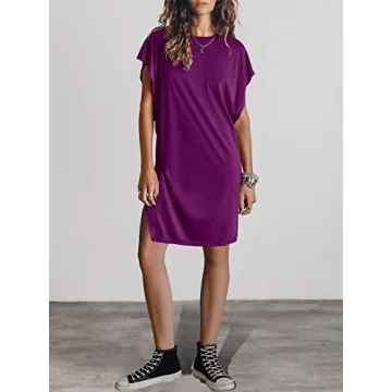 ANRABESS Women’s Summer Short Sleeve T-Shirt Dress Casual Loose Oversized Slit Mini Tee Dress Beach Cover Up Tunic 2024 Fashion Cute Boyfriend Tops Purple Large