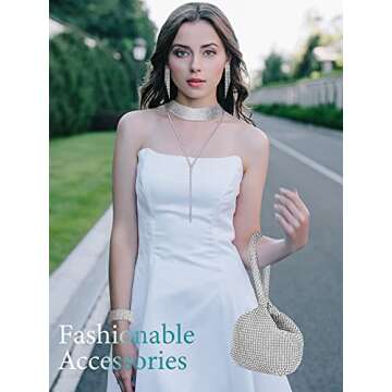 7 Pieces Women Rhinestone Jewelry Set Rhinestone Tassel Choker Necklace Bling Clutch Purses Stretch ...