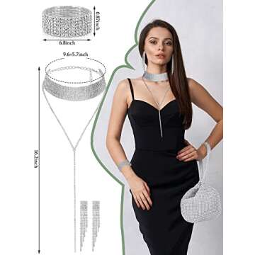 7 Pieces Women Rhinestone Jewelry Set Rhinestone Tassel Choker Necklace Bling Clutch Purses Stretch Bangle Bracelet Crystal Dangle Fringe Earrings Crystal Hairpin for Evening Wedding Party (Silver)