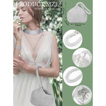 7 Pieces Women Rhinestone Jewelry Set Rhinestone Tassel Choker Necklace Bling Clutch Purses Stretch Bangle Bracelet Crystal Dangle Fringe Earrings Crystal Hairpin for Evening Wedding Party (Silver)