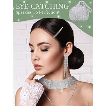 7 Pieces Women Rhinestone Jewelry Set Rhinestone Tassel Choker Necklace Bling Clutch Purses Stretch Bangle Bracelet Crystal Dangle Fringe Earrings Crystal Hairpin for Evening Wedding Party (Silver)