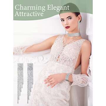 7 Pieces Women Rhinestone Jewelry Set Rhinestone Tassel Choker Necklace Bling Clutch Purses Stretch Bangle Bracelet Crystal Dangle Fringe Earrings Crystal Hairpin for Evening Wedding Party (Silver)