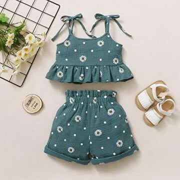 Jeinxcn Toddler Baby Girl Summer Clothes Daisy Floral Print Halter Ruffle Tank Tops Shorts Outfits set 1-2T Green