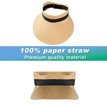 Sun Visors Hat Womens, Beach Straw Hats Wide Brim, Adjustable Summer Sun UV Protection Visor Hat, Roll Up Packable UPF50+ Ponytail Cap for Travel Vacation A-Khaki