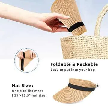 Sun Visors Hat Womens, Beach Straw Hats Wide Brim, Adjustable Summer Sun UV Protection Visor Hat, Roll Up Packable UPF50+ Ponytail Cap for Travel Vacation A-Khaki