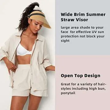 Sun Visors Hat Womens, Beach Straw Hats Wide Brim, Adjustable Summer Sun UV Protection Visor Hat, Roll Up Packable UPF50+ Ponytail Cap for Travel Vacation A-Khaki