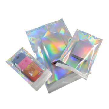 100 Pcs Clear Front Poly Mailers Holographic Metallic Aluminum Foil Glitter Bag Shipping Envelopes M...