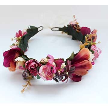 Vivivalue Adjustable Flower Headband Women Floral Crown Hair Wreath Flower Headpiece Halo Boho with Ribbon Wedding Party Festival Photos Maroon