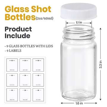 9 Pack 2 oz Glass Shot Bottles w/ White Lids & 9 Labels - Small Clear Jar for Ginger, Wellness Shot,...