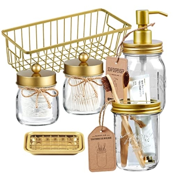 SheeChung 6Pcs Mason Jars Bathroom Accessories Set Complete - Toothbrush Holder, Lotion Soap Dispens...