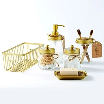 SheeChung 6Pcs Mason Jars Bathroom Accessories Set Complete - Toothbrush Holder, Lotion Soap Dispenser, 2 Mason Jars, Soap Dish, Toilet Paper Basket, Rustic Farmhouse Decor (Gold, 6Pcs Bathroom Set)