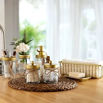 SheeChung 6Pcs Mason Jars Bathroom Accessories Set Complete - Toothbrush Holder, Lotion Soap Dispenser, 2 Mason Jars, Soap Dish, Toilet Paper Basket, Rustic Farmhouse Decor (Gold, 6Pcs Bathroom Set)