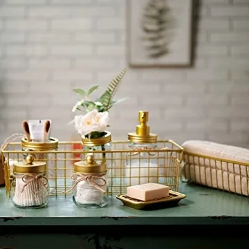 SheeChung 6Pcs Mason Jars Bathroom Accessories Set Complete - Toothbrush Holder, Lotion Soap Dispenser, 2 Mason Jars, Soap Dish, Toilet Paper Basket, Rustic Farmhouse Decor (Gold, 6Pcs Bathroom Set)