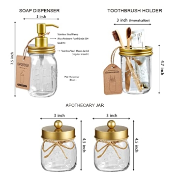 SheeChung 6Pcs Mason Jars Bathroom Accessories Set Complete - Toothbrush Holder, Lotion Soap Dispenser, 2 Mason Jars, Soap Dish, Toilet Paper Basket, Rustic Farmhouse Decor (Gold, 6Pcs Bathroom Set)