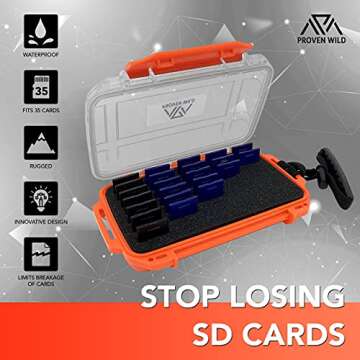 SD Card Holder by Proven Wild | Durable, Waterproof SD Card Case | SD Card Holder Case Holds 35 SD Cards Upright | Standard Memory Card Holder for DSLR & Trail Camera SD Cards, (Orange)