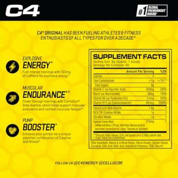 Cellucor C4 Original Pre Workout Powder ICY Blue Razz - Vitamin C for Immune Support - Sugar Free Preworkout Energy for Men & Women - 150mg Caffeine Plus Beta Alanine Plus Creatine - 60 Servings