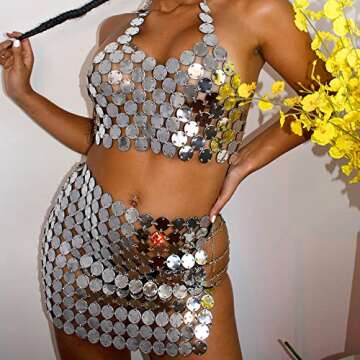 CheerHP Body Chain Bra Sequins Top - Pu Rave Outfits Skirts for Women Body Halter Backless Bikini Nightclub Jewelry Festival Accessories