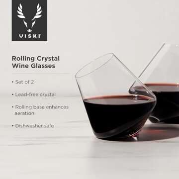 Viski Rolling Crystal Wine Glasses Set of 2, Premium Stemless Wine Glasses, for Wedding, Christmas, ...