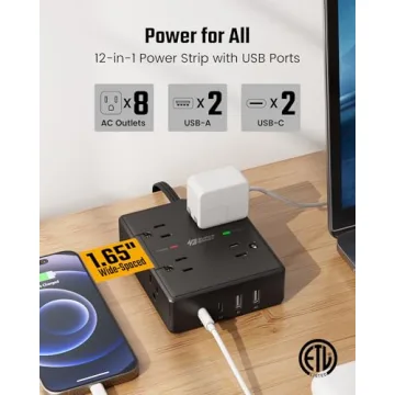 8 Outlet USB Surge Protector Power Strip for Home & Office