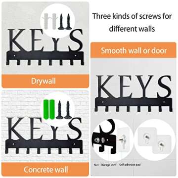 HappyHapi Metal Key Hanger Wall Mount, Key Holder Wall Mounted Key Hooks Organizer Key Hanger Rack Wall Mounted for Home, Entryway, Hallway, Office, Matte Black,11.4''4.9''0.6''