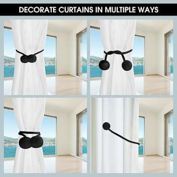 XIOTOTIEMPO Magnetic Curtain Tiebacks Biege 4 Pack, Curtain Tie Backs Holdbacks Holders Hooks Clip Buckles for Curtains Drapes, Curtain Ties for Home Bedroom Office Decorative Curtain (Black)