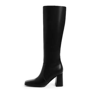 Modatope Black Knee High Boots for Women Chunky Heel Square Toe Fall Boots High Heel Side Zipper Tal...