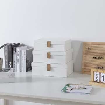 Soul & Lane Cardboard Decorative Boxes for Storage - Set of 3, Textured Set with Lids for Home Decor, Photo Storage and Memory Boxes for Keepsakes, Off-White