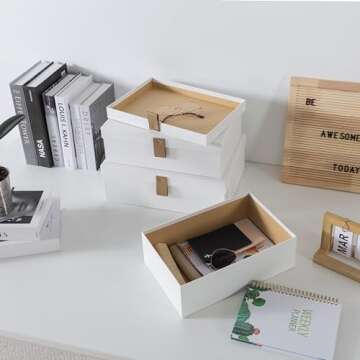 Soul & Lane Cardboard Decorative Boxes for Storage - Set of 3, Textured Set with Lids for Home Decor, Photo Storage and Memory Boxes for Keepsakes, Off-White