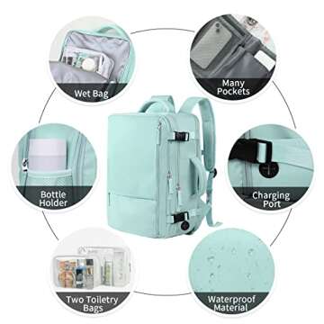 Hanples Extra Large Travel Backpack for Women as Person Item Flight Approved, 40L Carry On Backpack, 17 Inch Laptop Backpack, Waterproof Hiking Backpack, Casual Bag Backpack(Mint Green)