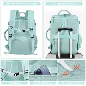 Hanples Extra Large Travel Backpack for Women as Person Item Flight Approved, 40L Carry On Backpack, 17 Inch Laptop Backpack, Waterproof Hiking Backpack, Casual Bag Backpack(Mint Green)