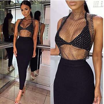 Women Sexy Diamond Mesh Tank Tops Hollow Out See Through Crop Tops for Festival Club Rave Outfit