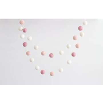 Ombre Pink Adjustable Handmade Felt Ball Garland by Sheep Farm Felt- White, Ivory, and Pink Pom Pom Garland. 1 inch balls. Valentine's Day Decoration. 7 feet. 28 felt balls.