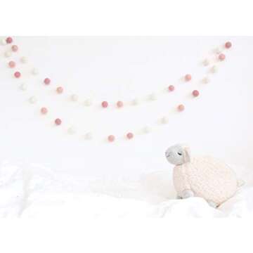 Ombre Pink Adjustable Handmade Felt Ball Garland by Sheep Farm Felt- White, Ivory, and Pink Pom Pom Garland. 1 inch balls. Valentine's Day Decoration. 7 feet. 28 felt balls.