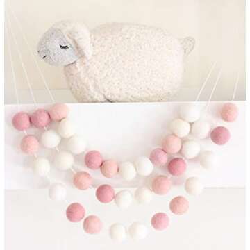 Ombre Pink Adjustable Handmade Felt Ball Garland by Sheep Farm Felt- White, Ivory, and Pink Pom Pom Garland. 1 inch balls. Valentine's Day Decoration. 7 feet. 28 felt balls.